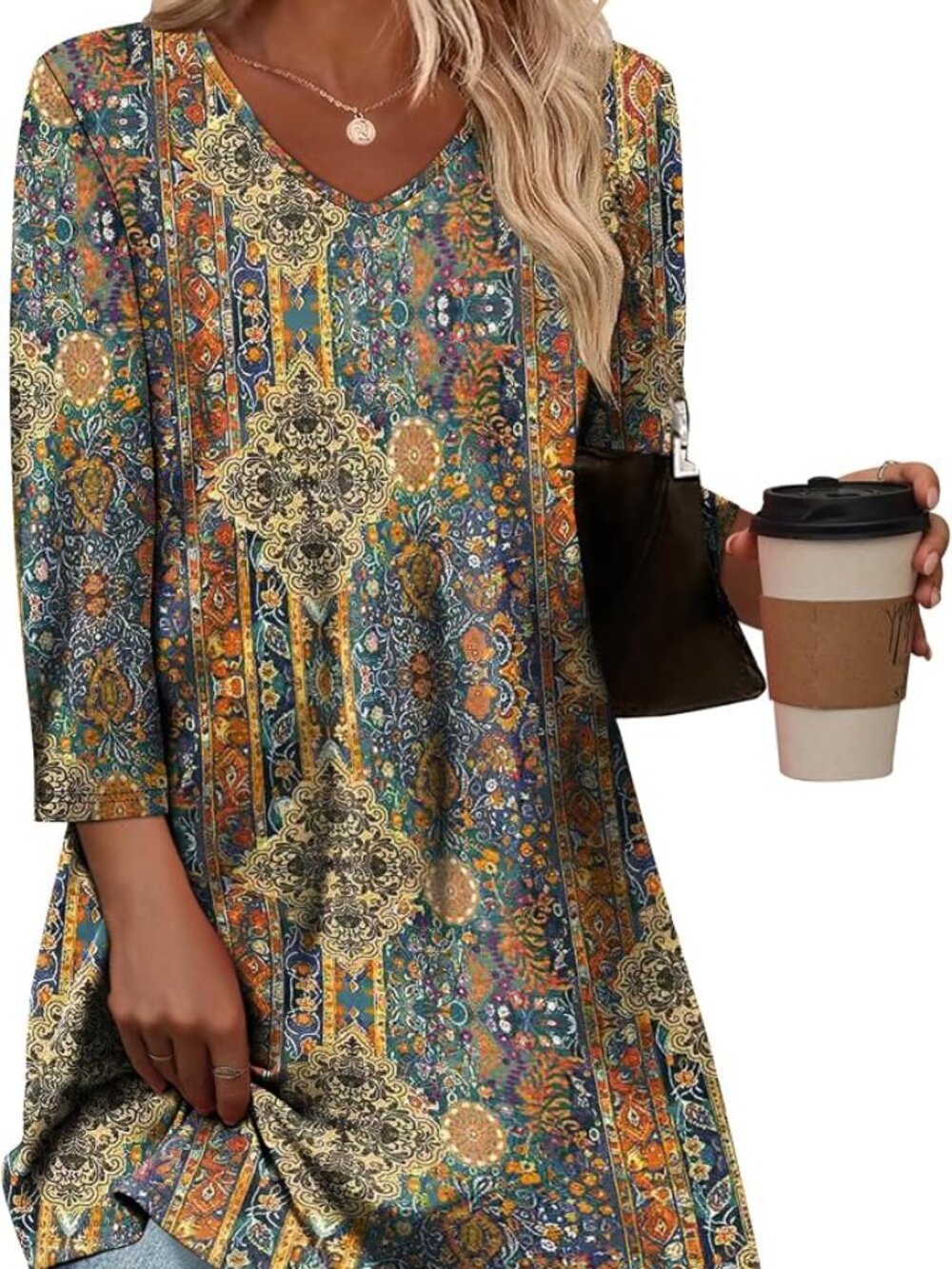 3/4 Length Sleeve Paisley V-Neck Womens Dressy Casual Tunic Sz.3XL LNC